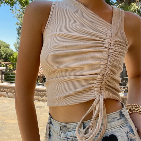 TOPSFORDAYS Johannah Ribbed Pull String Tank Top Beige - Picture 3 of 5